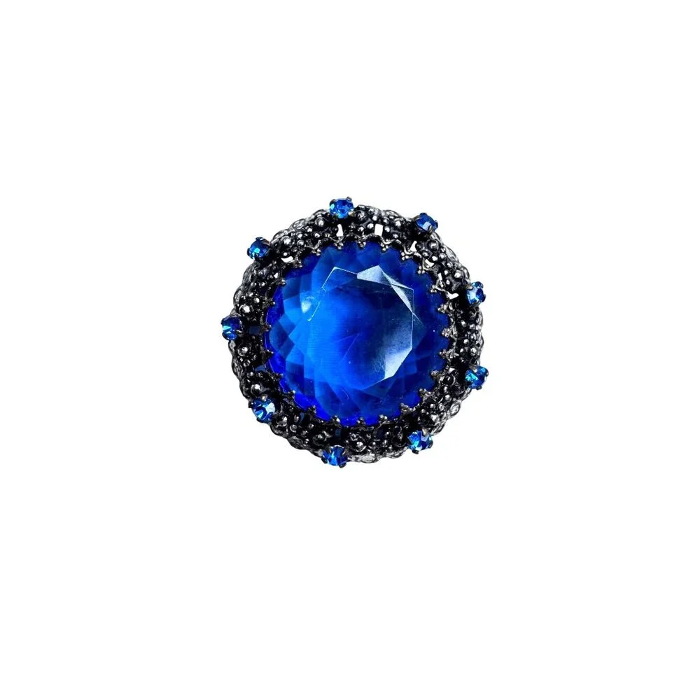 Austria Blue Rhinestone Brooch Gunmetal Silver Tone Round 1960s Vintage